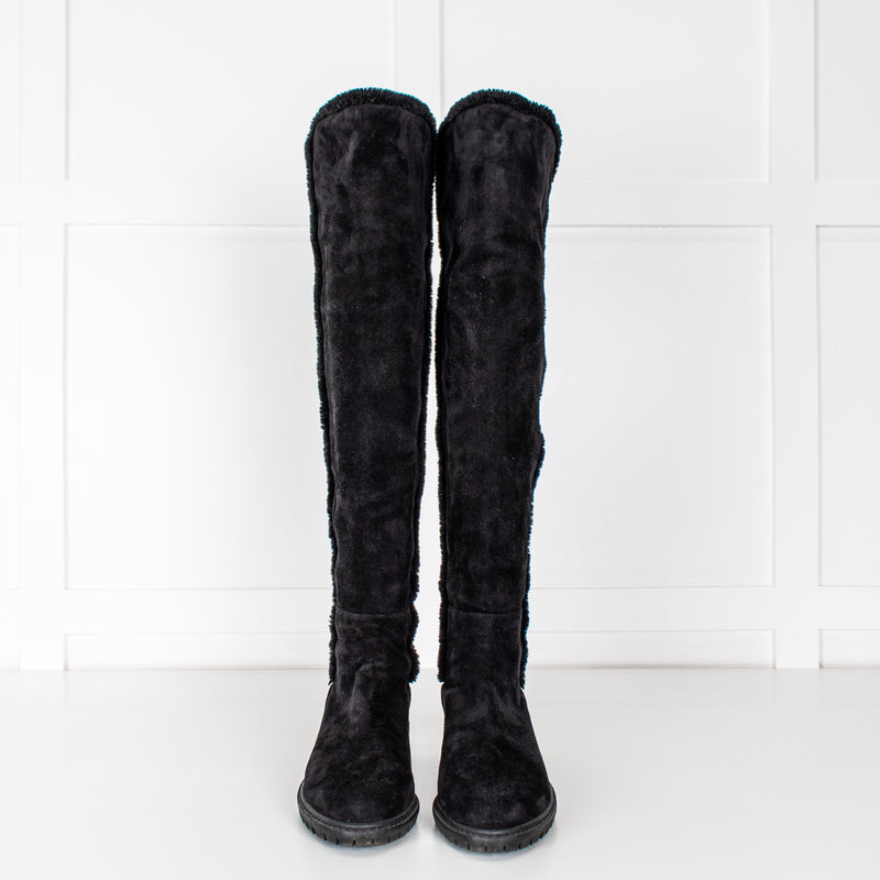 Stuart Weitzman Black Suede & Fabric Over The Knee Boots