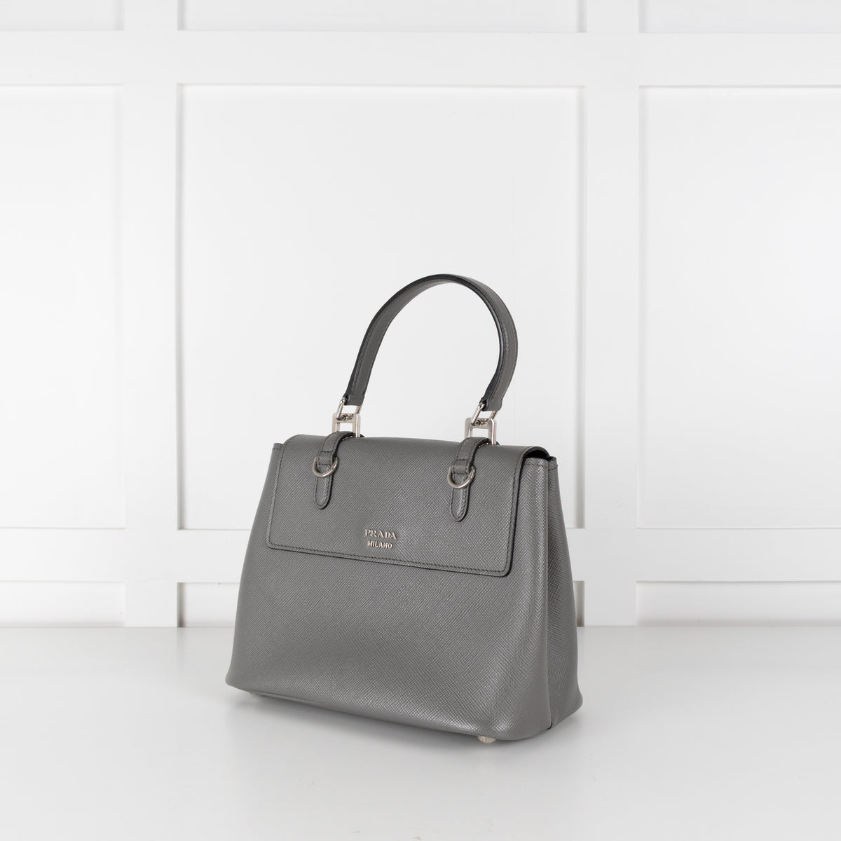 Prada Grey Saffiano Leather Turn Lock Flap Top Handle Bag