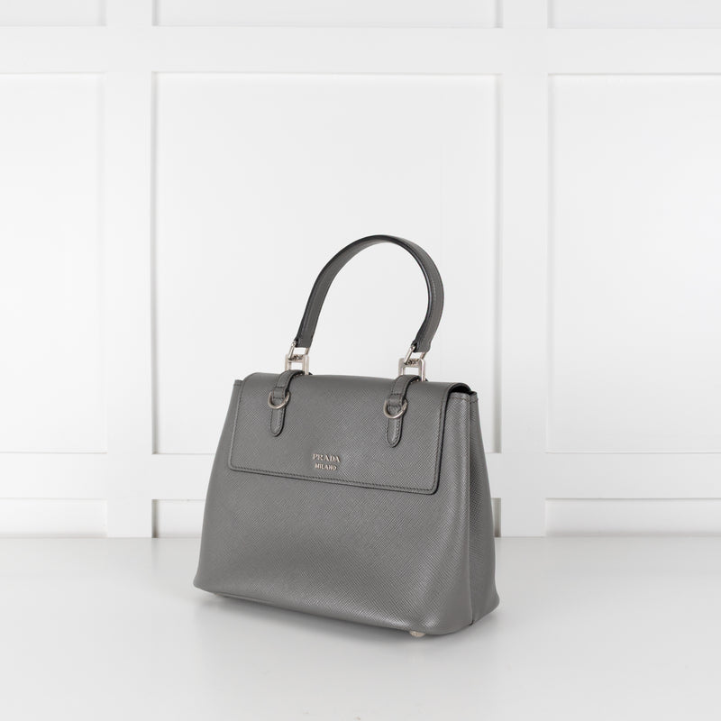 Prada Grey Saffiano Leather Turn Lock Flap Top Handle Bag