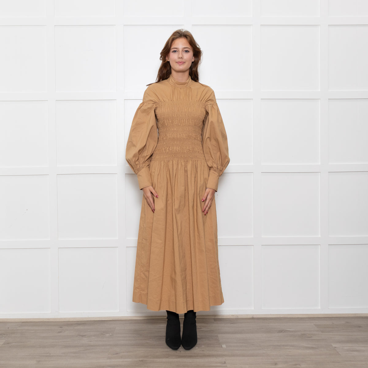 Ganni Caramel Rushed Long Sleeve Cotton Maxi Dress