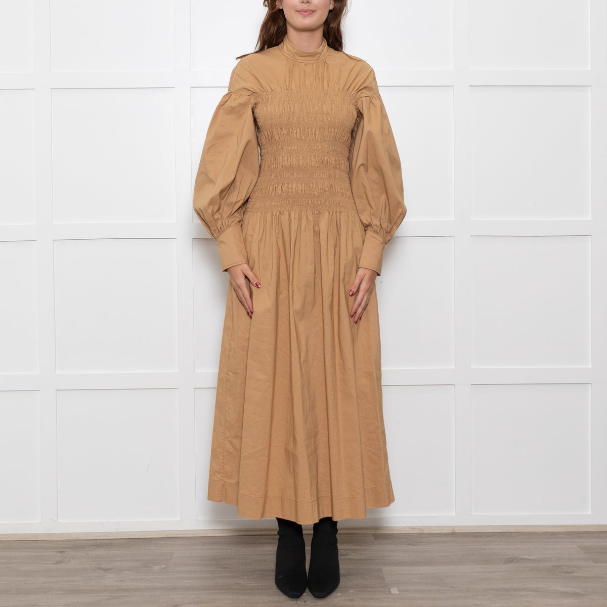 Ganni Caramel Rushed Long Sleeve Cotton Maxi Dress