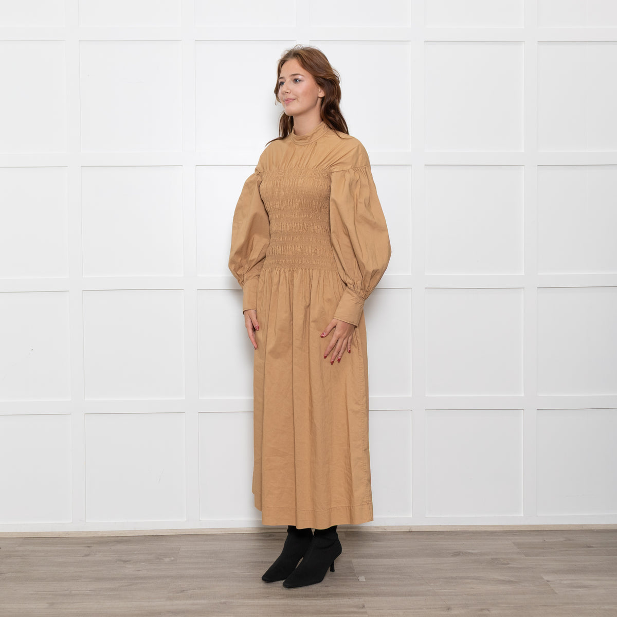 Ganni Caramel Rushed Long Sleeve Cotton Maxi Dress