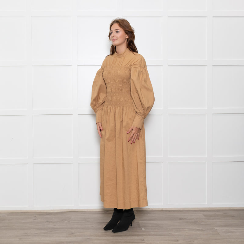 Ganni Caramel Rushed Long Sleeve Cotton Maxi Dress