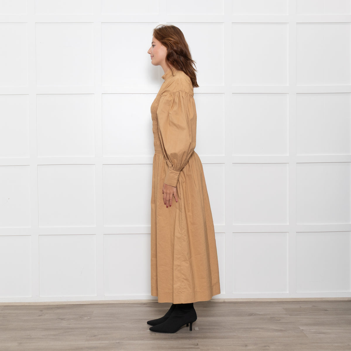 Ganni Caramel Rushed Long Sleeve Cotton Maxi Dress