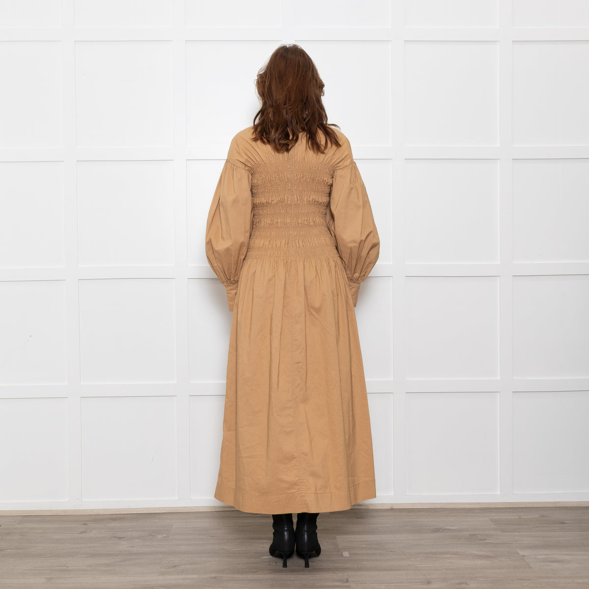 Ganni Caramel Rushed Long Sleeve Cotton Maxi Dress