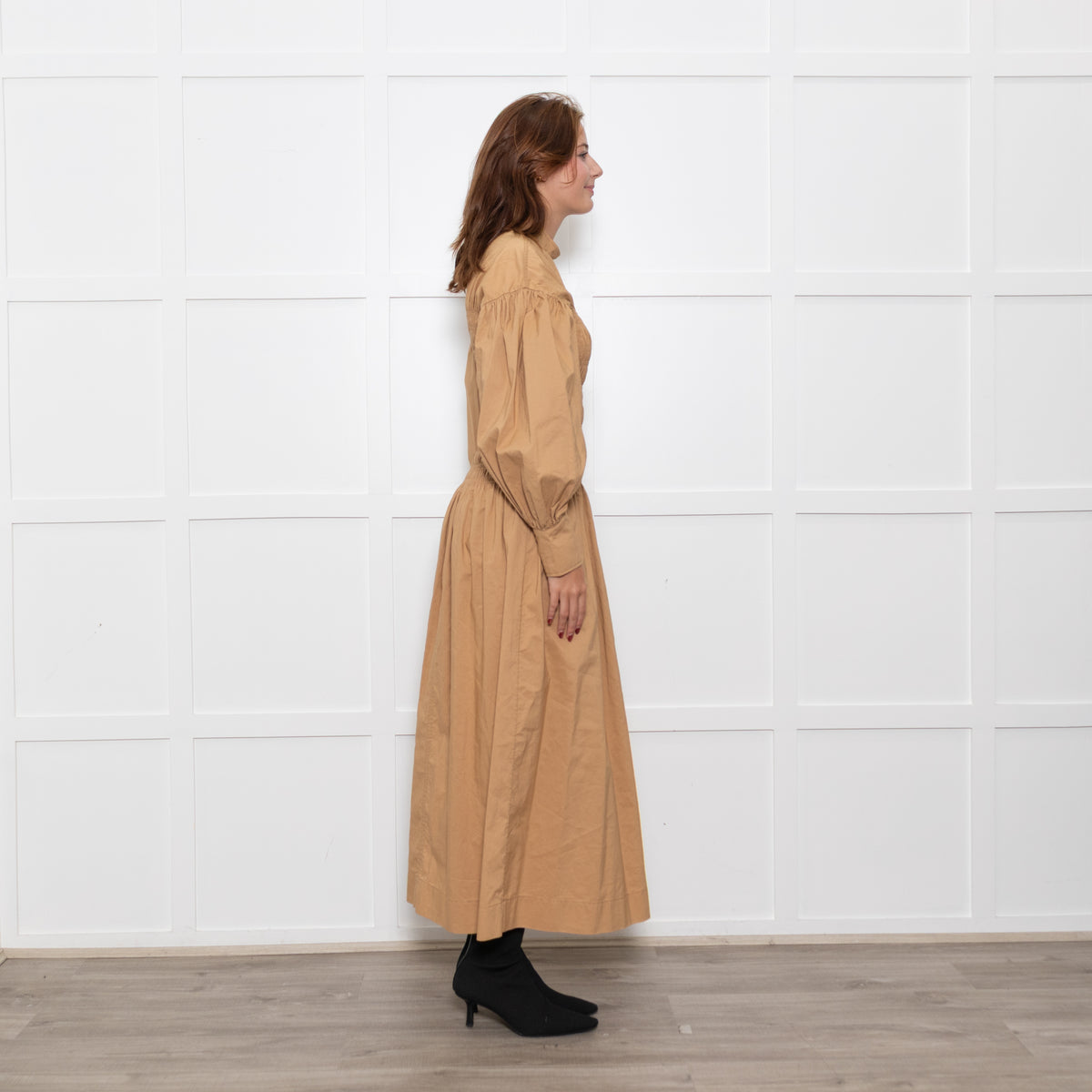 Ganni Caramel Rushed Long Sleeve Cotton Maxi Dress