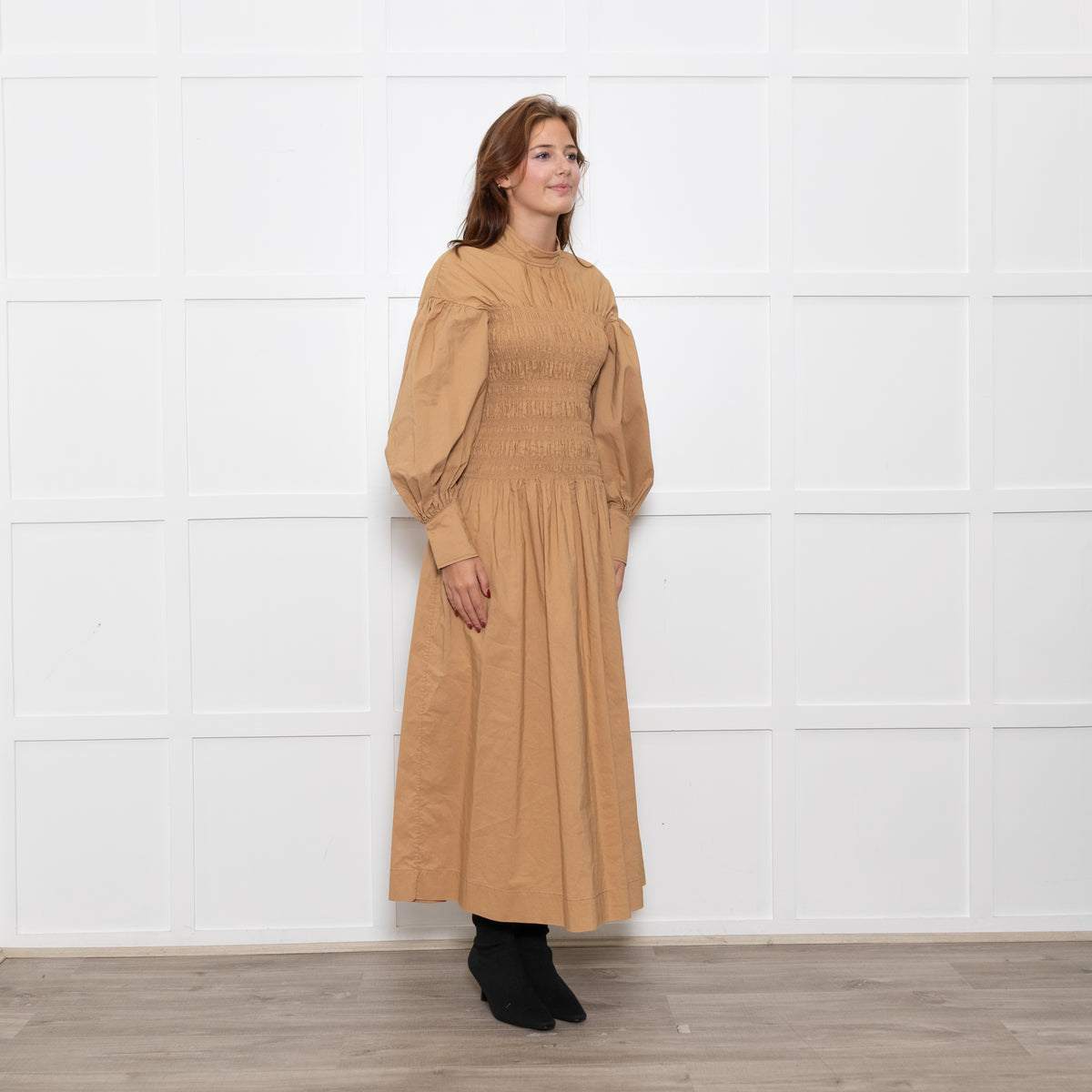Ganni Caramel Rushed Long Sleeve Cotton Maxi Dress