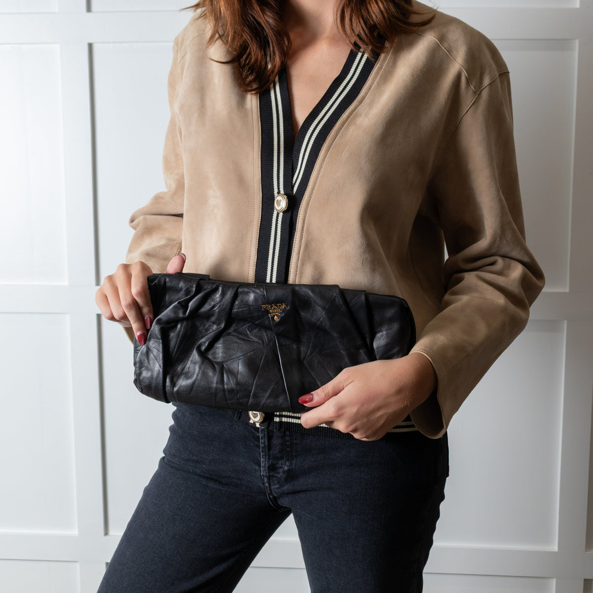 Prada Black Ruched Leather Clutch Bag