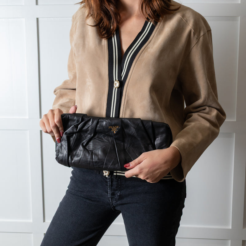 Prada Black Ruched Leather Clutch Bag