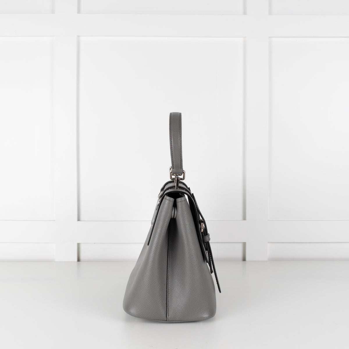 Prada Grey Saffiano Leather Turn Lock Flap Top Handle Bag