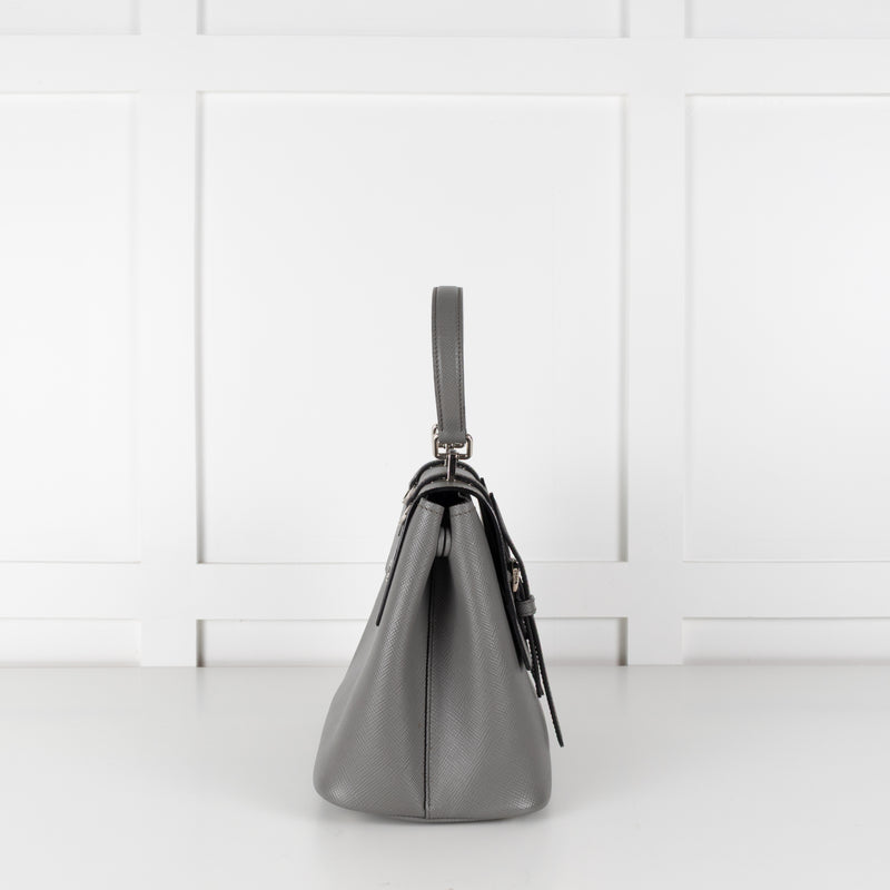 Prada Grey Saffiano Leather Turn Lock Flap Top Handle Bag