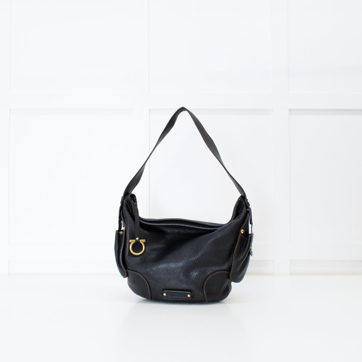 Salvatore Ferragamo Black Grainy Leather Hobo Shoulder Bag