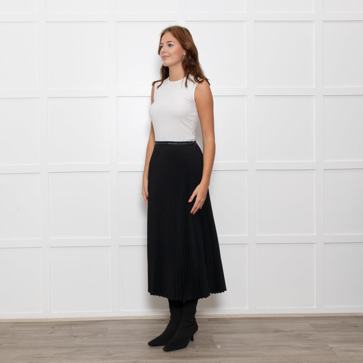 Prada Black Logo Pleated Elasticated Waist Midi Skirt