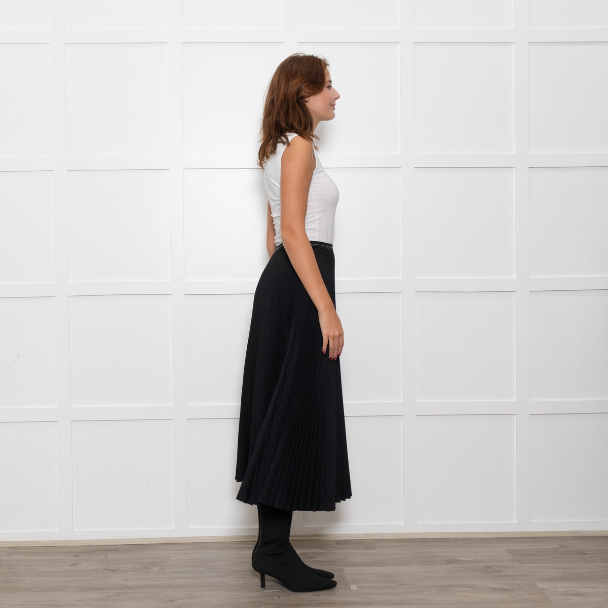 Prada Black Logo Pleated Elasticated Waist Midi Skirt