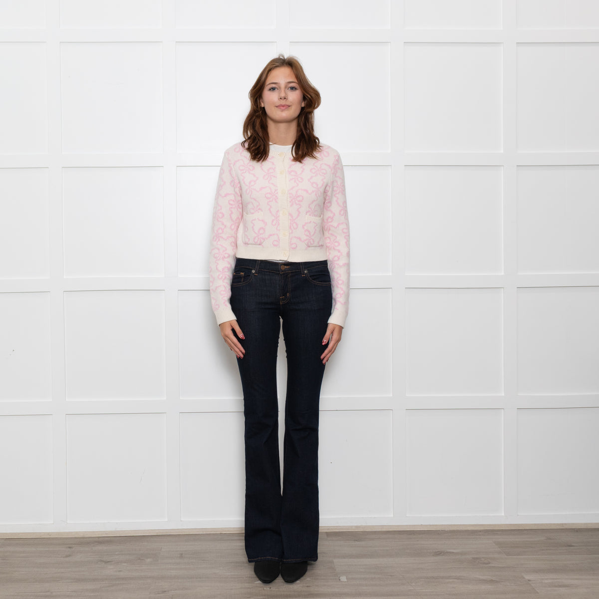 LoveShackFancy Cream Pink Bow Print Cardigan