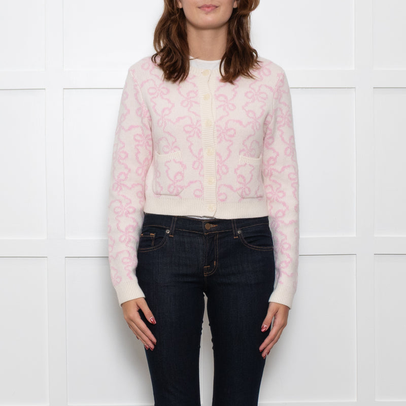 LoveShackFancy Cream Pink Bow Print Cardigan