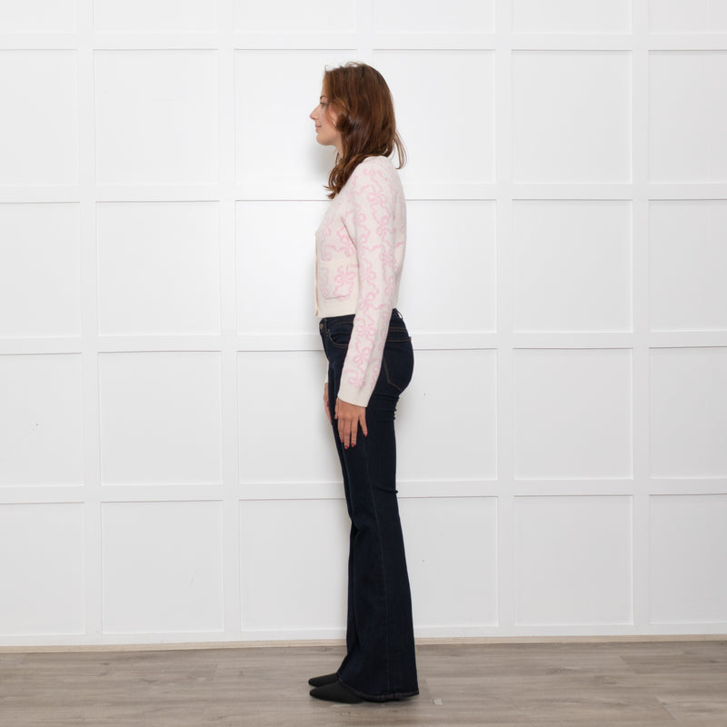 LoveShackFancy Cream Pink Bow Print Cardigan