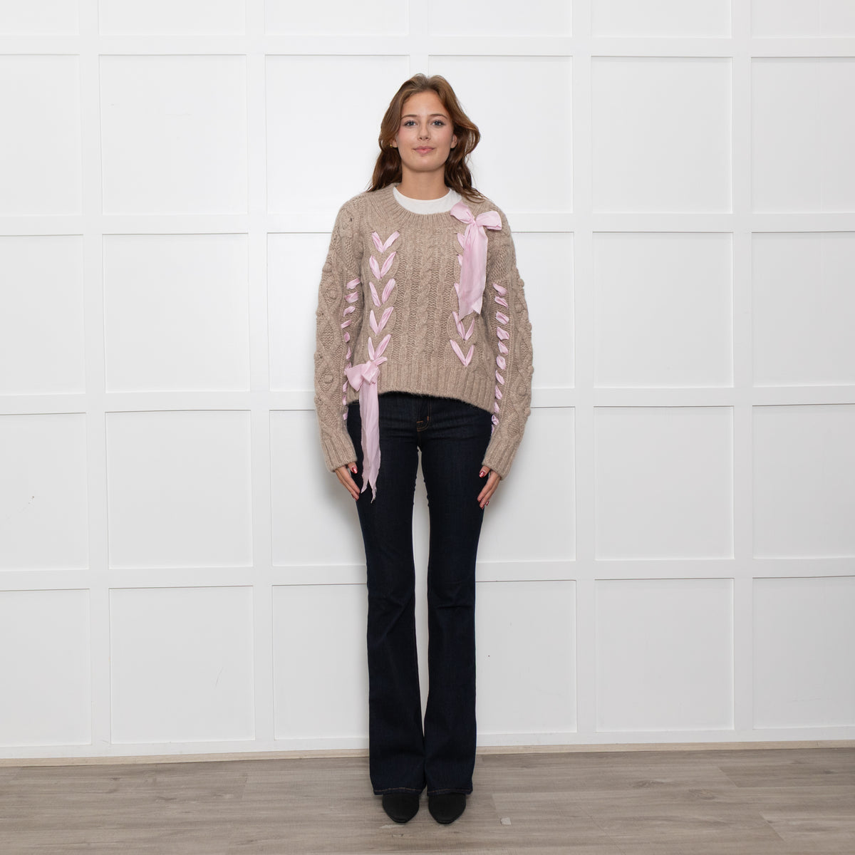 LoveShackFancy Beige Cable Pink Ribbon Detail Sweater