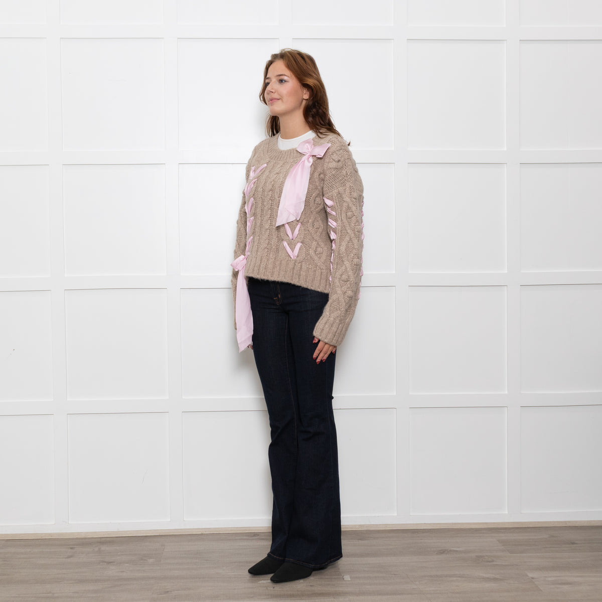LoveShackFancy Beige Cable Pink Ribbon Detail Sweater
