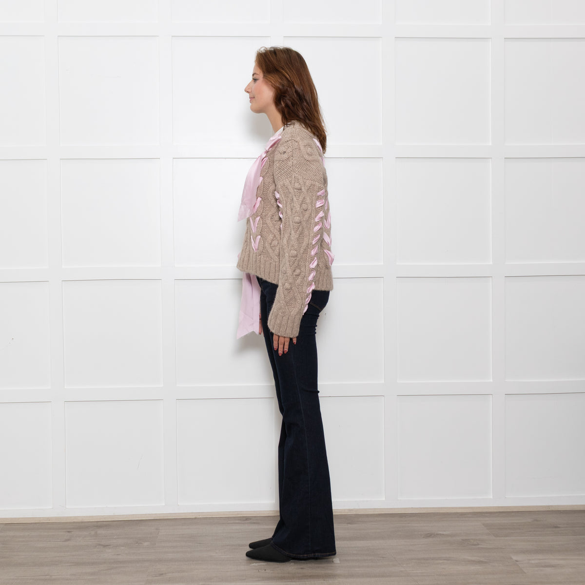 LoveShackFancy Beige Cable Pink Ribbon Detail Sweater