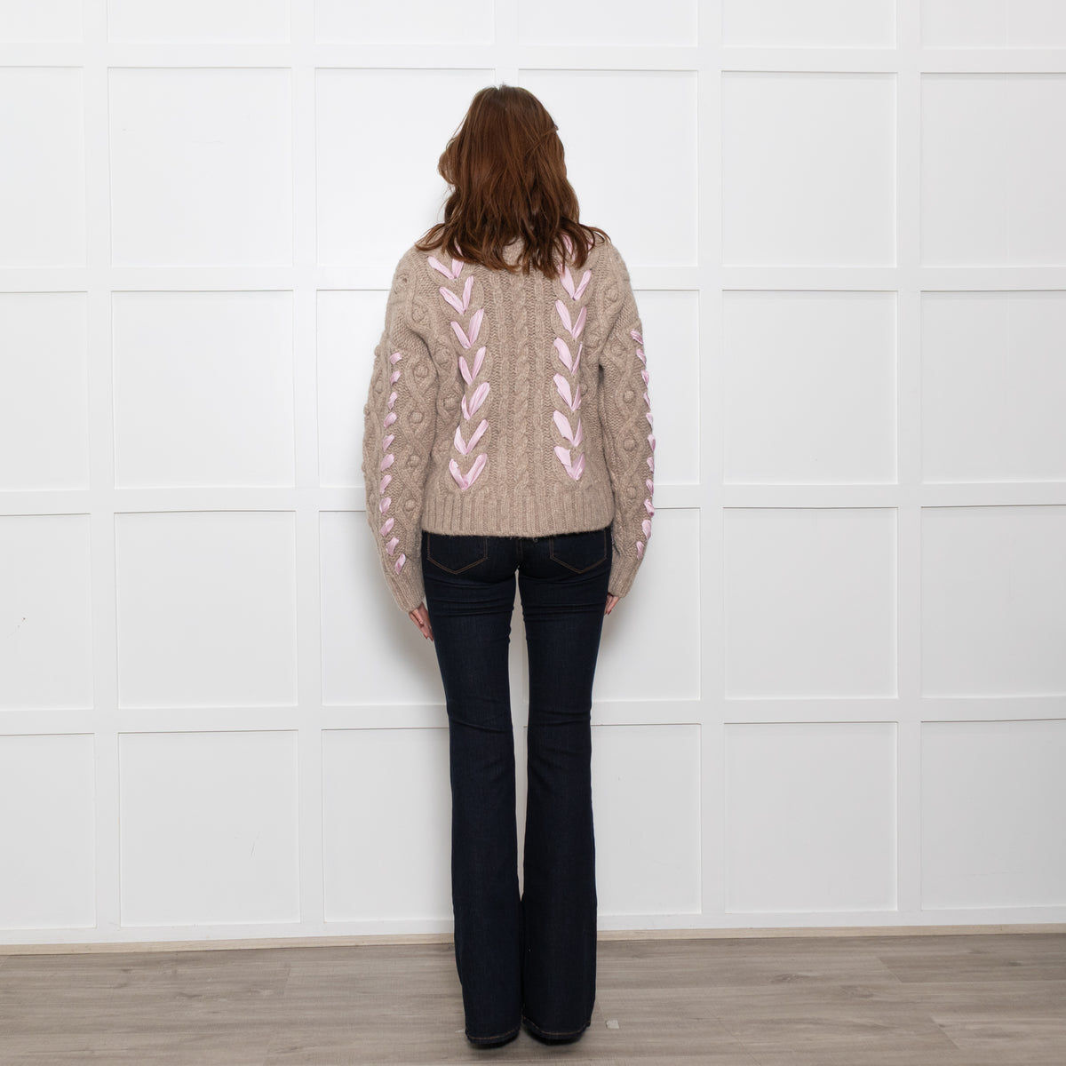 LoveShackFancy Beige Cable Pink Ribbon Detail Sweater