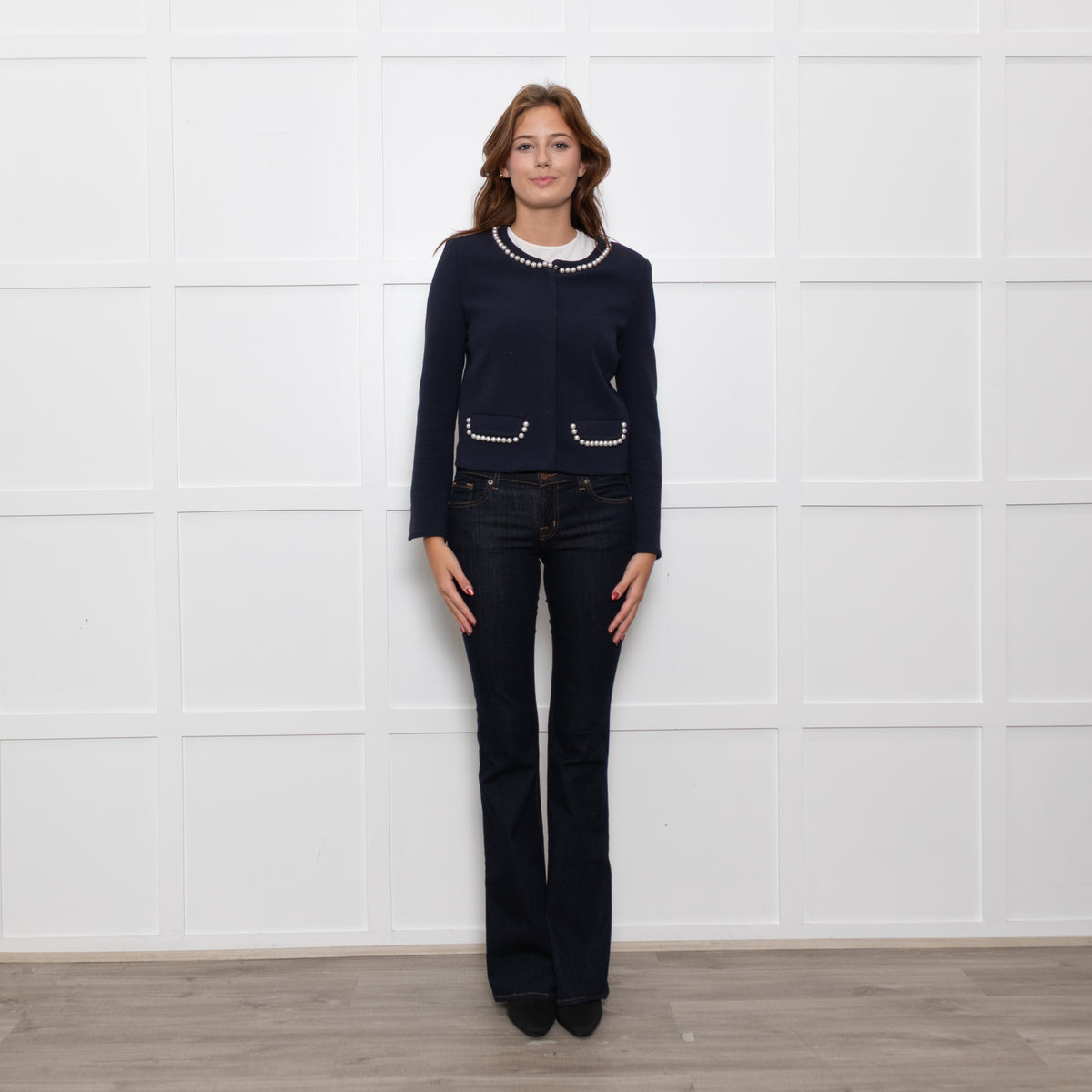 Claudie Pierlot Navy White Pearl Detail Zip Up Jacket