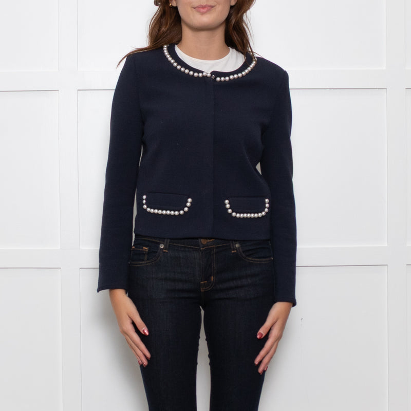 Claudie Pierlot Navy White Pearl Detail Zip Up Jacket