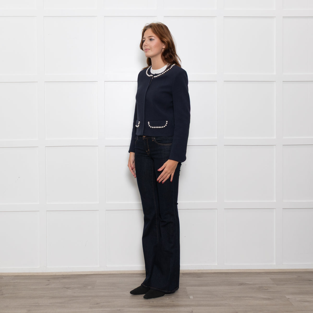 Claudie Pierlot Navy White Pearl Detail Zip Up Jacket