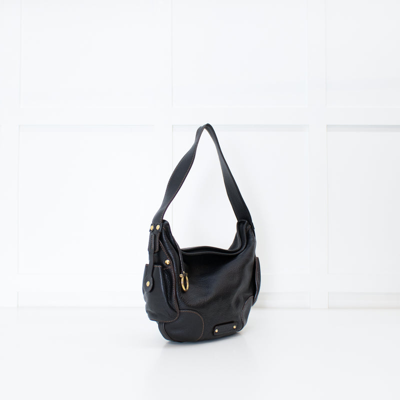 Salvatore Ferragamo Black Grainy Leather Hobo Shoulder Bag