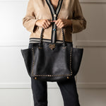 Valentino Black Grained Leather Rockstud Tote Bag