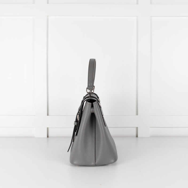 Prada Grey Saffiano Leather Turn Lock Flap Top Handle Bag