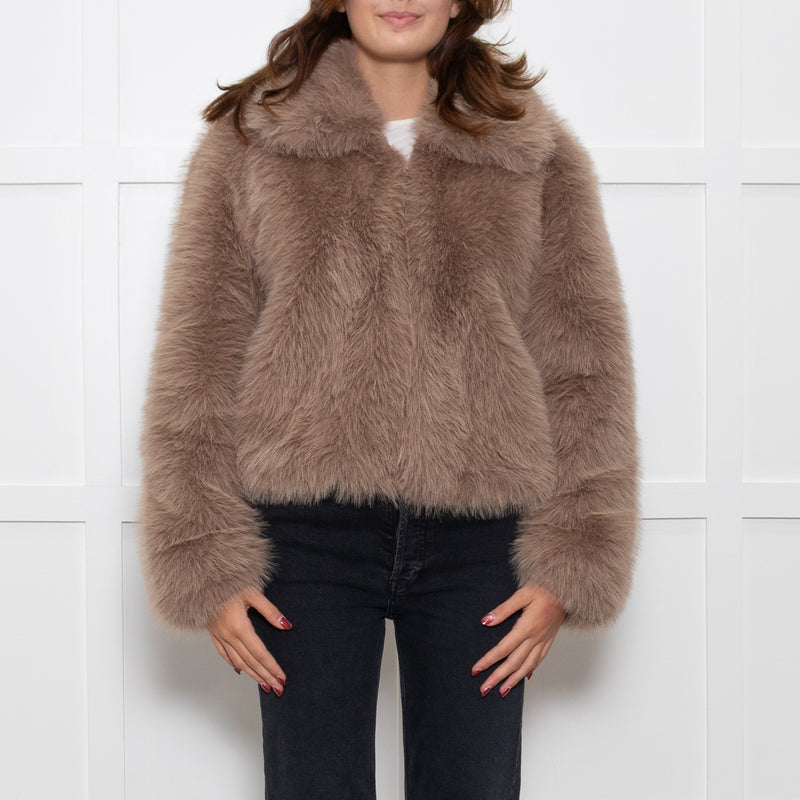 The Frankie Shop Hope Taupe Faux Fur Zip Up Short Jacket