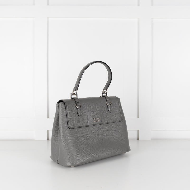 Prada Grey Saffiano Leather Turn Lock Flap Top Handle Bag