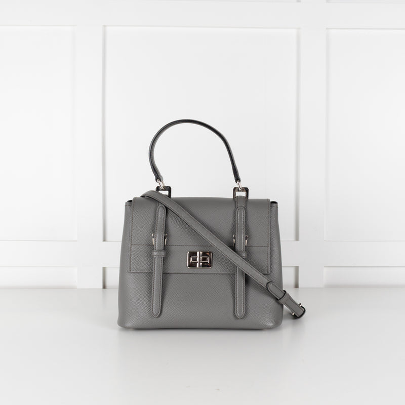 Prada Grey Saffiano Leather Turn Lock Flap Top Handle Bag