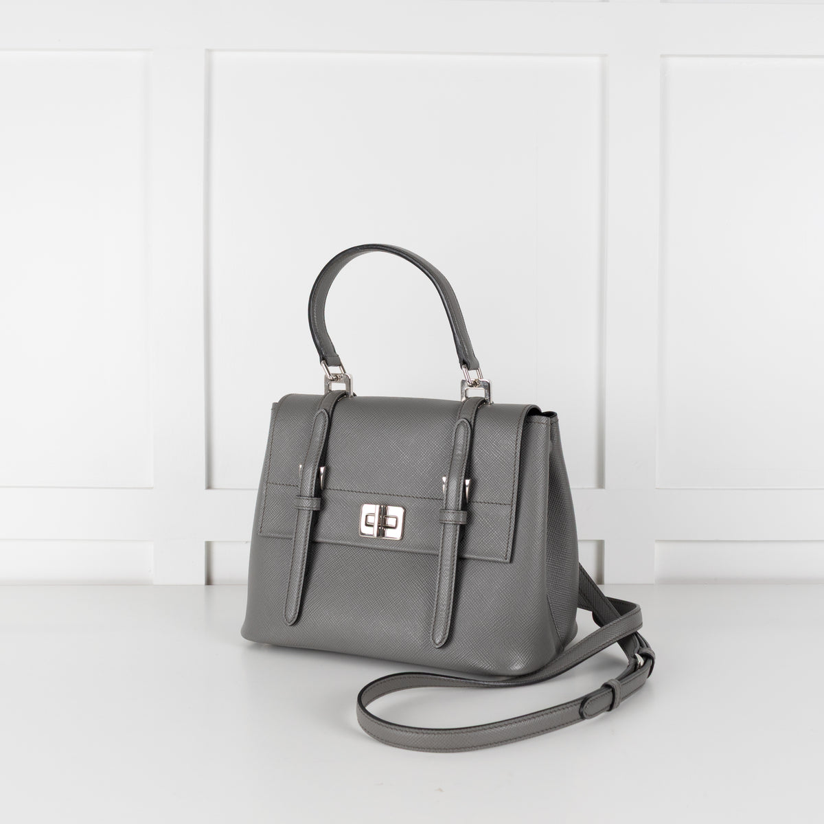 Prada Grey Saffiano Leather Turn Lock Flap Top Handle Bag