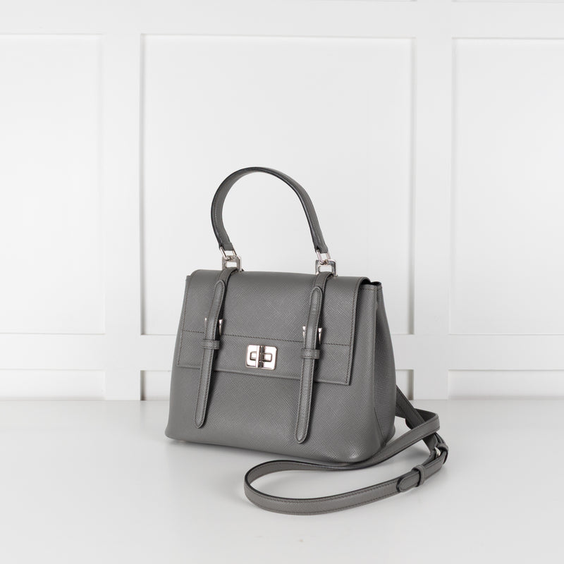Prada Grey Saffiano Leather Turn Lock Flap Top Handle Bag
