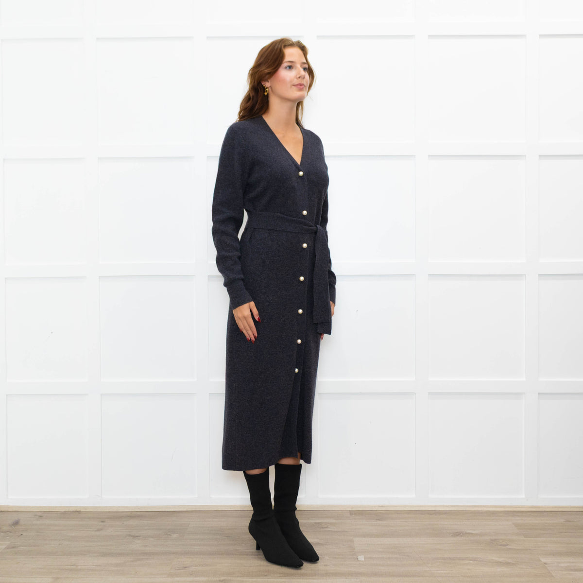 Sandro Grey Pearl Button Rib Knit Dress