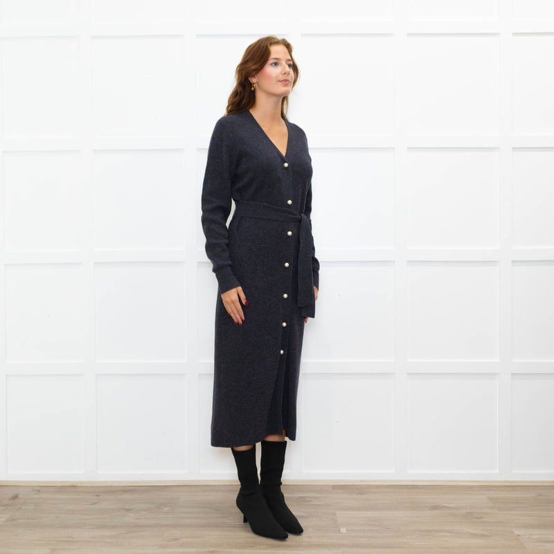 Sandro Grey Pearl Button Rib Knit Dress