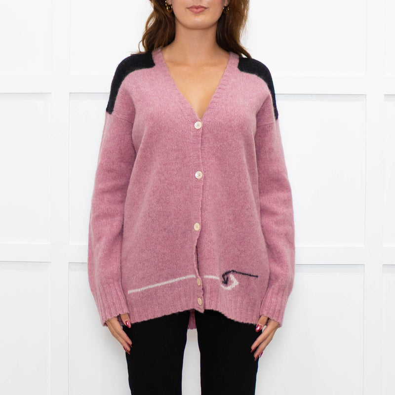 Prada Pink Black Logo Back Wool Oversized Cardigan