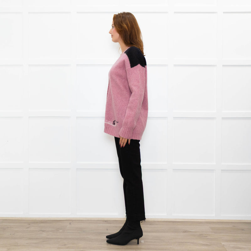 Prada Pink Black Logo Back Wool Oversized Cardigan