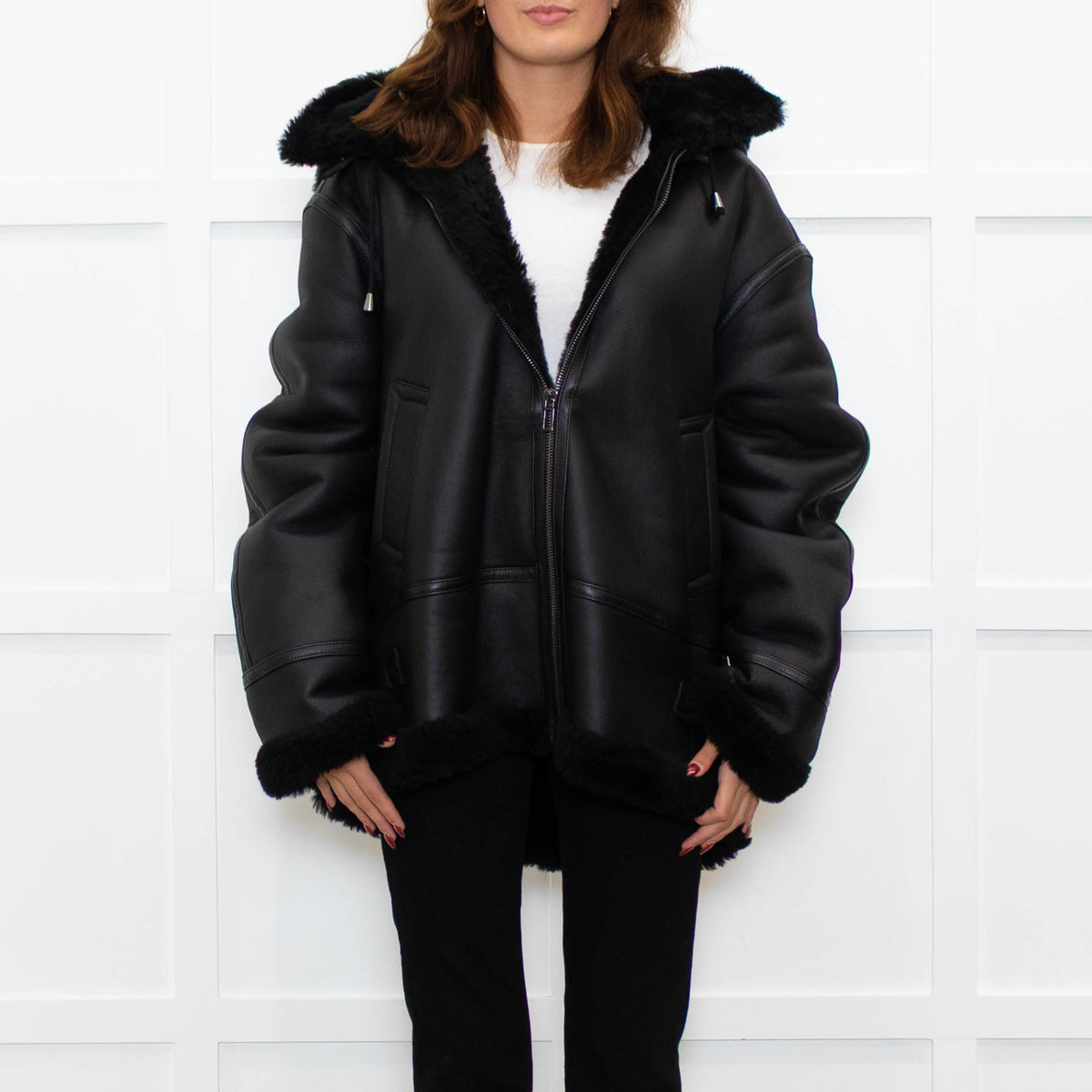 Pa:ge Hooded Aviator Jacket in Black Snoopy Fur