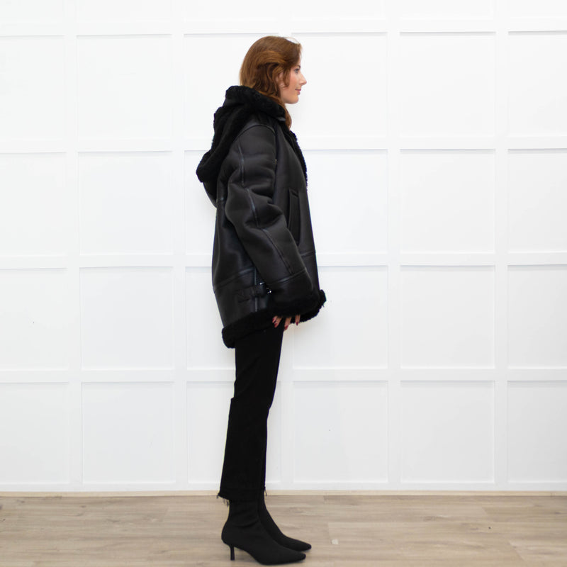 Pa:ge Hooded Aviator Jacket in Black Snoopy Fur