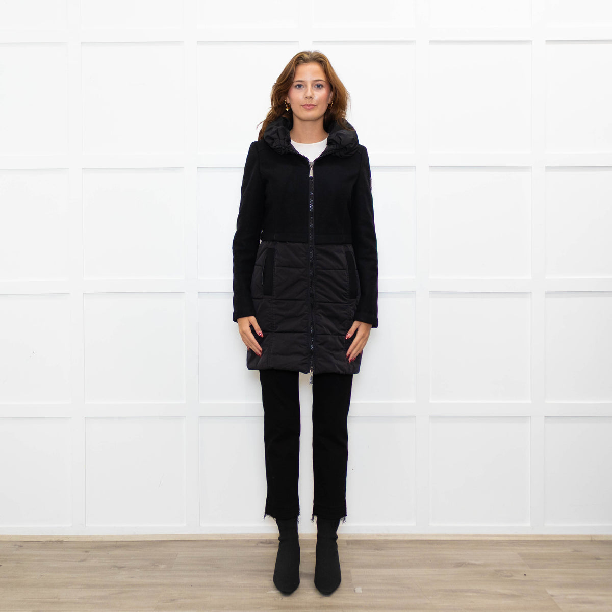 Caractere Black Wool Mix - Puffa KneelengthCoat With Hood
