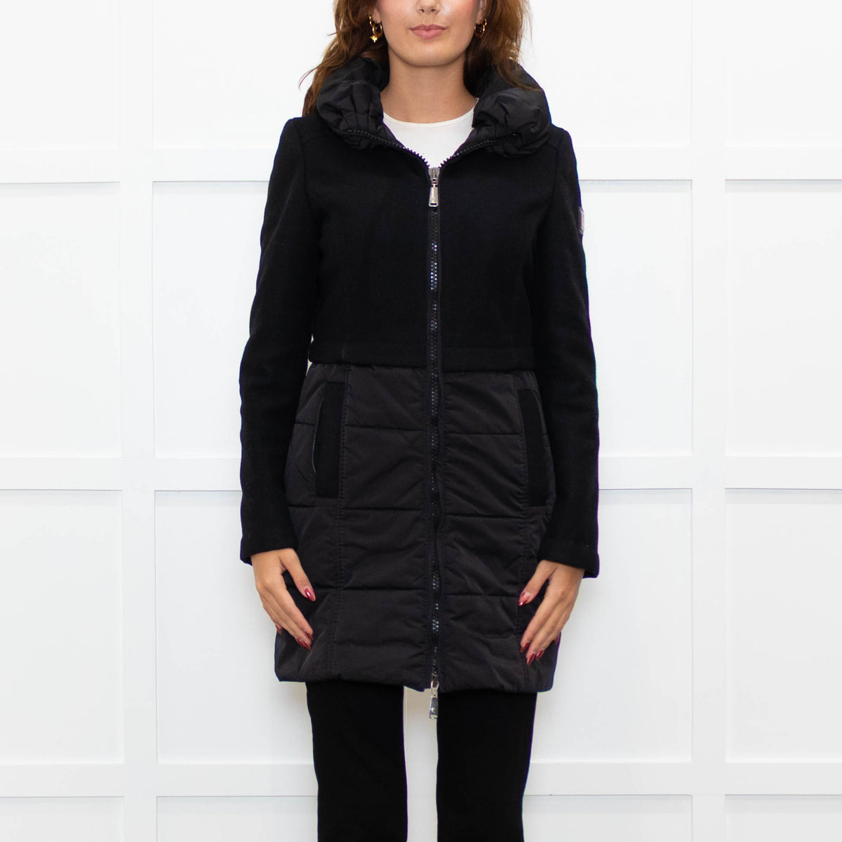 Caractere Black Wool Mix - Puffa KneelengthCoat With Hood