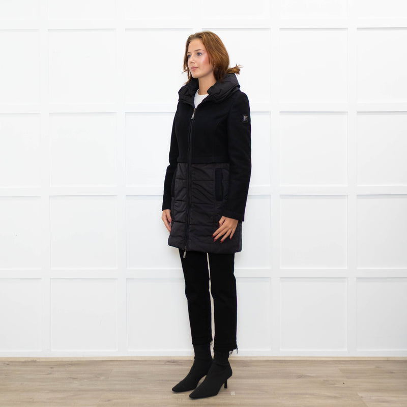 Caractere Black Wool Mix - Puffa KneelengthCoat With Hood