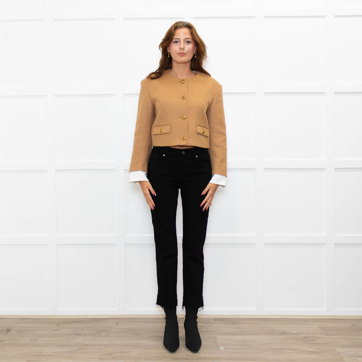 Sandro Beige Gold Buttons Wool Blend Cropped Jacket