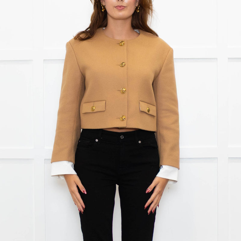 Sandro Beige Gold Buttons Wool Blend Cropped Jacket