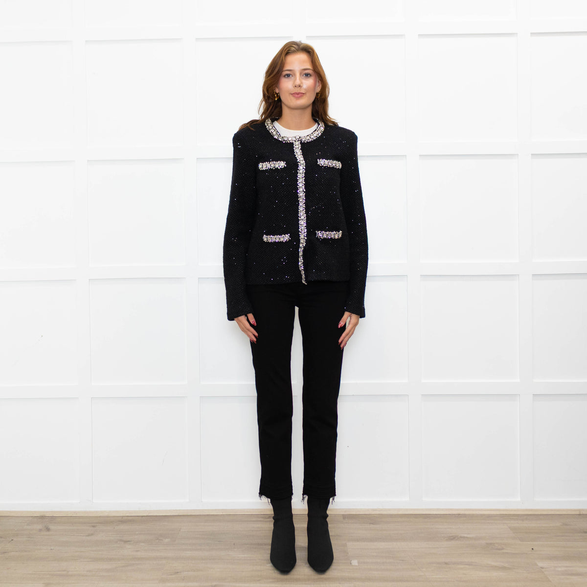 Self Portrait Black On Black Micro Sequins Fabric White Diamante Detail Tweedy Jacket