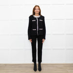 Self Portrait Black On Black Micro Sequins Fabric White Diamante Detail Tweedy Jacket