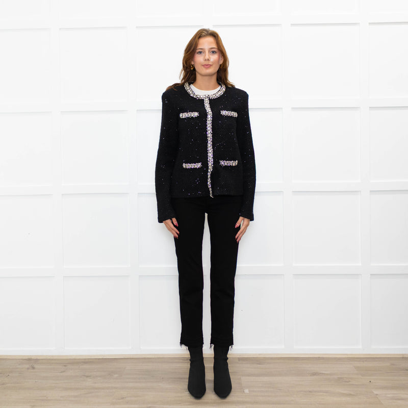 Self Portrait Black On Black Micro Sequins Fabric White Diamante Detail Tweedy Jacket